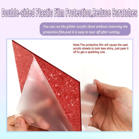 Close-up of hands peeling protective film from Adrattnay red glitter acrylic sheet, 8x8 in, 1/8 in thick.