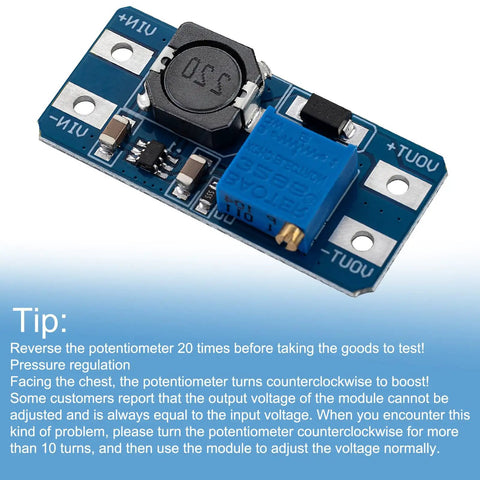 MT3608 Dope DC-DC Step Up Boost Converter Module with blue board and potentiometer, guidance text visible, Pack Of 10