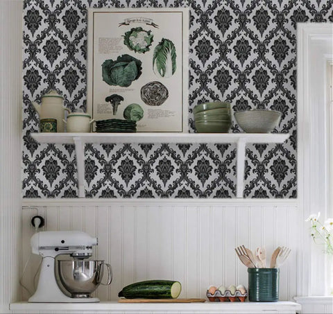 Kitchen scene with Dope Black Damask Peel And Stick Wallpaper For Walls And Furniture Self Adhesive Vinyl Contact Paper Removable Decorative Wall Covering Vintage Look Ideal For Cabinets Desks And Bedrooms, showcasing black and white damask pattern behind a shelf with kitchen items.