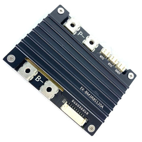 Pro Level 4S Ternary Lithium Battery BMS Protection Board Built Tough With 120a Surge Breaker and connectors on a black metal surface.