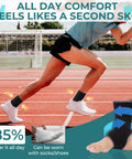 Athlete running on track wearing black Open Heel Ankle Support Sleeve with light breathable knit for men, women, kids, size M.