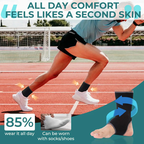 Athlete running on track wearing black Open Heel Ankle Support Sleeve with light breathable knit for men, women, kids, size M.
