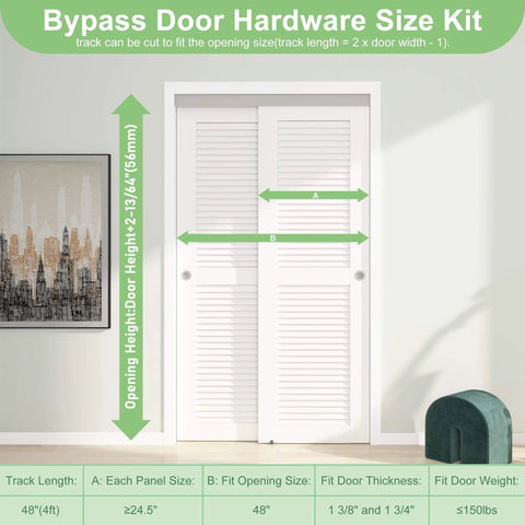 Illustration showing measurement details for 4 Ft Aluminum Bypass Barn Door Hardware Kit With Double Closing Sliding Closet System.