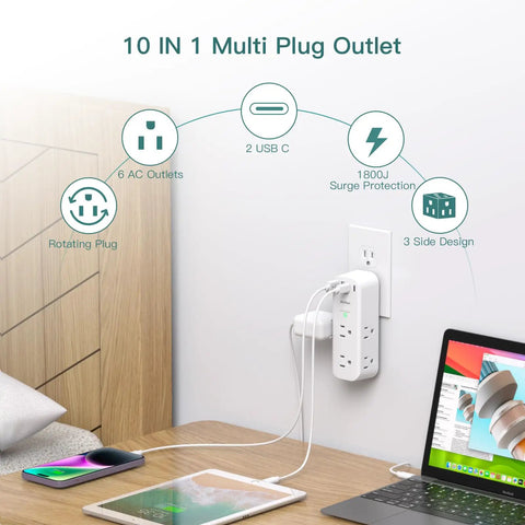 Pretty Sick 10 Port Surge Protector Wall Extender With Rotating Plug And Fast Charge USB Ports Slender design for workspace organization