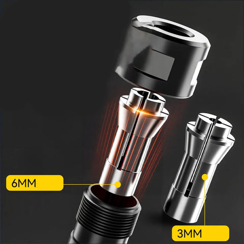 Close-up of precision chuck attachment for Professional 90 Degree Angled Air Powered Die Grinder with 3mm and 6mm sizes.