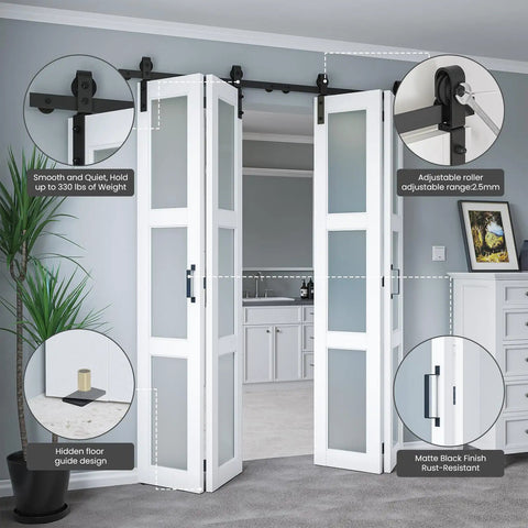 64Inch By 84Inch Bifold Sliding Barn Door With Hardware Kit Included, Preassembled Glass Doors With Waterproof Scratch Resistant PVC Surface, White Finish, Space Saving Design For Bedroom, Pantry, Laundry And More, Fits Tight Spaces