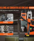 Heavy Duty 1450W Magnetic Drill Press With 2 Inch Boring Capacity And 12500/12800N Magnetic Pull, 800 RPM Portable Electric Mag Drill For Onsite Work, showing drilling and coring features.