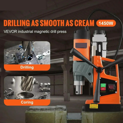 Heavy Duty 1450W Magnetic Drill Press With 2 Inch Boring Capacity And 12500/12800N Magnetic Pull, 800 RPM Portable Electric Mag Drill For Onsite Work, showing drilling and coring features.