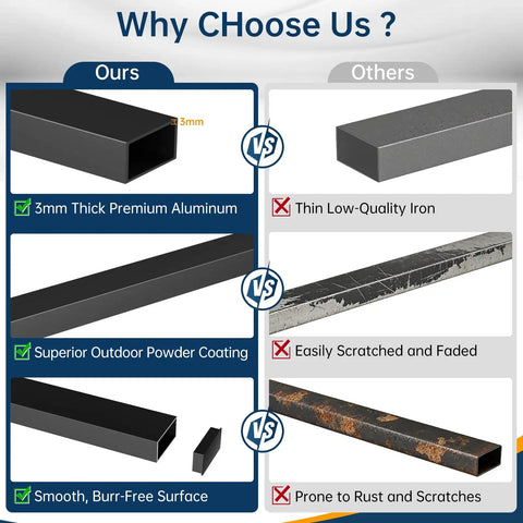 Comparison of Premium 3MM Thick 8 Foot Black Aluminum Rectangular Handrail For Decks And Stairs vs low-quality iron alternatives.