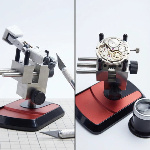 Compact Table Top Mini Vise with 360 Degree Rotatable Clamp and Integrated Parts Tray for Precision DIY Repairs Built Tough Adjustable Steel Small Vice 0.01 To 1.67 Inch Clamping Range for Hobby Models RC Dolls Jewelry Watches, holding watch movement