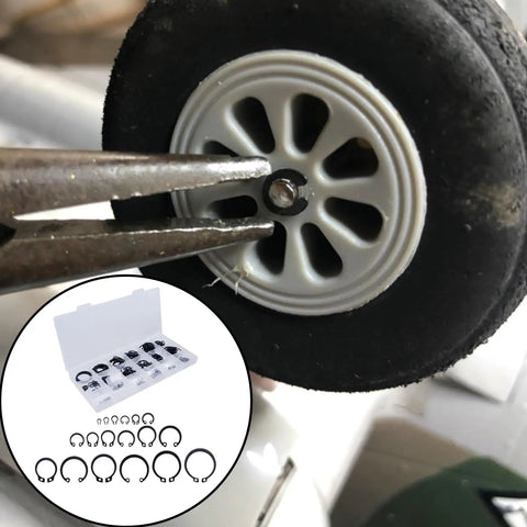 E Clip Assortment Kit 304 Stainless Steel 300 Pieces External Retaining Rings And C Clips For Automotive Machinery And DIY Projects Built To Last With Heat Treated Anti Corrosion Fasteners, close-up of clip being installed on wheel