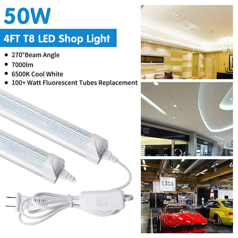 4Ft LED Shop Light 50W 6500K Daylight, 7000 Lumens Linkable V-Shape design with plug, displayed in garage and warehouse settings