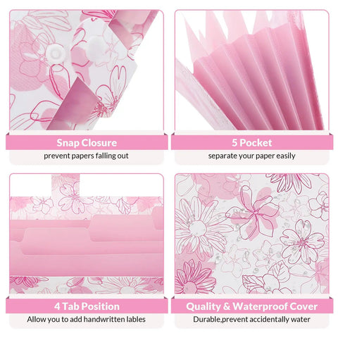 Floral 5 Pocket Accordion File Organizer for Bills Receipts and Documents with snap closure, pockets, tabs, pink floral design