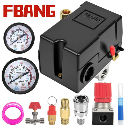 Air Compressor Pressure Switch Regulator Kit With 90 To 120 PSI Gauge And Fittings Set shown with red and black casing and accessories.
