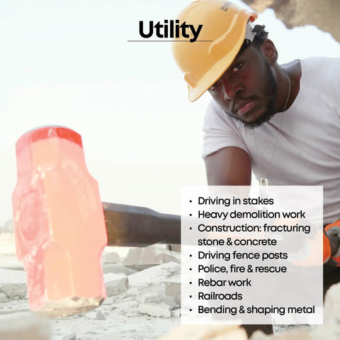 Worker using Beast 6 Pound Sledge Hammer With Indestructible Handle on construction site for heavy demolition tasks.