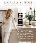 Woman in white pajamas holding a mug in a modern kitchen with U.S. support information overlay.