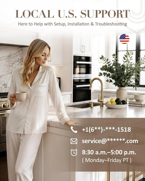 Woman in white pajamas holding a coffee cup in a modern kitchen, highlighting LOCAL U.S. SUPPORT information.