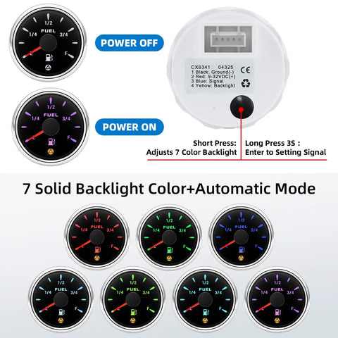 240-33 Ohm Fuel Sending Unit And Gauge Combo For 5 To 27 Inch Tanks, Waterproof Fuel Level Sender With 7 Color Backlight, Multi Signal Gauge For Boats, Marine, Trucks And Automotive Applications rear view and 7-color gauge display