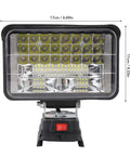 Mingzhe Cordless LED Flood Light 50W with USB Ports front view showing 24 LEDs, adjustable stand and power switch.