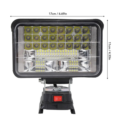 Mingzhe Cordless LED Flood Light 50W with USB Ports front view showing 24 LEDs, adjustable stand and power switch.