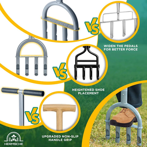 Comparison of lawn aerator tools showing four-tine sloped tops, 31.8 inch handles, shoe placement, and handle grips.