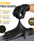 Heavy Duty Black Nitrile Gloves Rock Solid 8 Mil Thick Disposable Latex Free Powder Free Work Gloves For Mechanics And Diy Jobs Box Of 100 Medium Size showing textured grip and stretch capability.