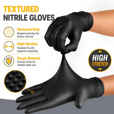 Heavy Duty Black Nitrile Gloves Rock Solid 8 Mil Thick Disposable Latex Free Powder Free Work Gloves For Mechanics And Diy Jobs Box Of 100 Medium Size showing textured grip and stretch capability.