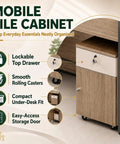 Mobile file cabinet with lockable top drawer, smooth rolling casters, and compact under-desk fit for organized workspace.