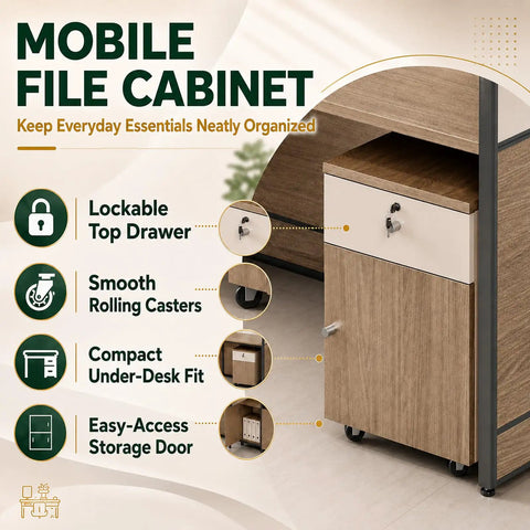 Mobile file cabinet with lockable top drawer, smooth rolling casters, and compact under-desk fit for organized workspace.