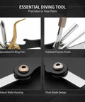 Nine In One Scuba Diving Travel Tool Set in 420 Stainless Steel and Brass showing details like O-Ring Pick and polished finish