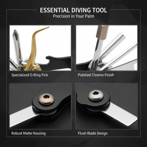 Nine In One Scuba Diving Travel Tool Set in 420 Stainless Steel and Brass showing details like O-Ring Pick and polished finish
