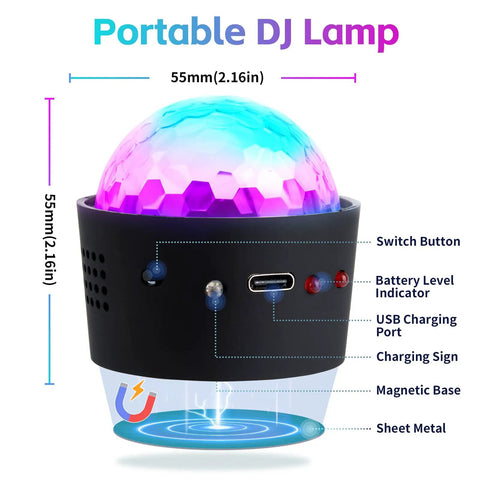 Sound Activated Mini Disco Ball Lights For Cars And Rooms RGB Multicolor DJ Party Lights That Sync To Your Music Beat At 60dB, portable DJ lamp with charging port and buttons