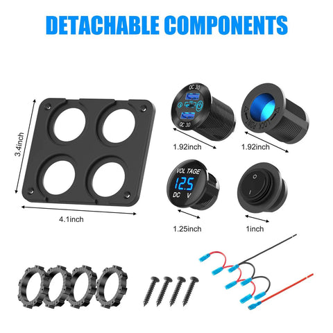Beefed Up 12 Volt USB Outlet RV Marine Switch Panel 4 In 1 Aluminum Charger kit with detachable components shown