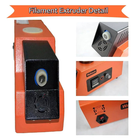 No Sweat 3D Filament Extruder Machine close-up showing adjustable speed and temperature control settings.