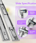 12 Inch Soft Close Stainless Steel Drawer Slides 1 Pair Smooth As Butter Gliding dimensions showing thickness and width specifications.