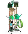 Beefed Up Tool Organizer With Wheels for Garage Shed Basement and Outdoor Use, holding rakes, shovels, and cleaning supplies.
