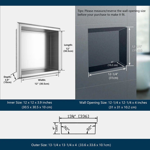 Stainless Steel Shower Niche 12x12 In Recessed Shelf Brushed Nickel Finish Waterproof Wall Storage Niche No Tile Needed Easy Install diagram