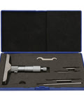 Depth Micrometer Stainless Steel Round Head Depth Gauge With Five Interchangeable Rods in a blue case