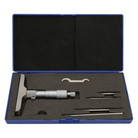 Depth Micrometer Stainless Steel Round Head Depth Gauge With Five Interchangeable Rods in a blue case