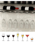 Badass Rock Solid Heavy Duty Wall Wine Rack With Rust Proof Iron Construction Stemware Holder, featuring wine bottles and hanging glasses.