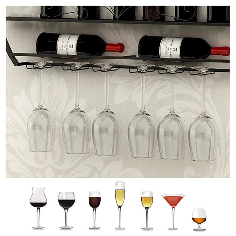 Badass Rock Solid Heavy Duty Wall Wine Rack With Rust Proof Iron Construction Stemware Holder, featuring wine bottles and hanging glasses.