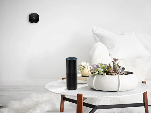 3 Lite Wi Fi Thermostat With Alexa Voice Control For Hands Free Comfort shown above modern living room setup.