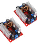 Heavy Duty DC Step Up Boost Converter Pair with twin heatsinks, featuring aluminum fins and screw terminals for voltage tuning.