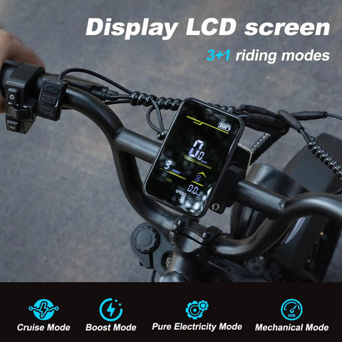 LCD screen on Go To All Terrain Fat Tire Electric Bike For Teens And Adults With 16 Inch Wheel, 500W Peak Motor, and removable battery