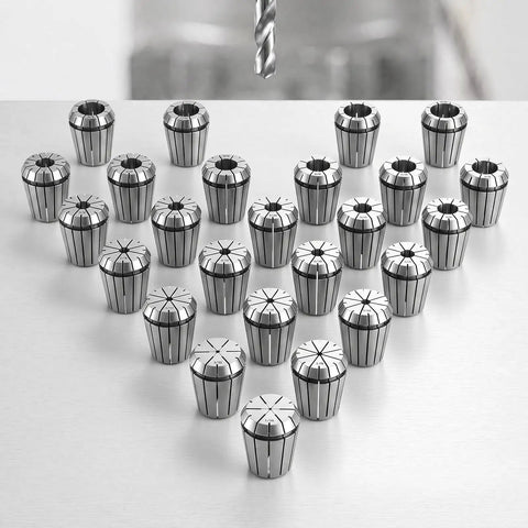 Premium 25 Piece Er32 Spring Collet Set With 1/16 To 13/16 Inch Clamping Range arranged on a table for precision machining.
