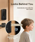 Premium Smart WiFi Door Lock Featuring Slick Fingerprint Keypad And Apple Home Key Compatibility For Smooth iPhone Unlocks, auto-lock detail with child beside door.