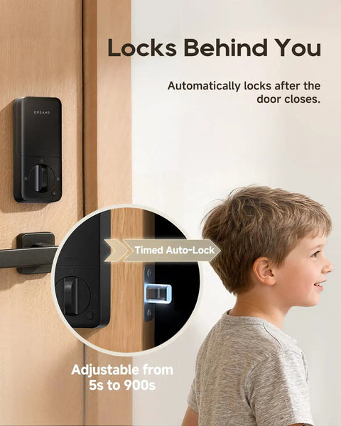 Premium Smart WiFi Door Lock Featuring Slick Fingerprint Keypad And Apple Home Key Compatibility For Smooth iPhone Unlocks, auto-lock detail with child beside door.