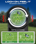 View through Golf Rangefinder With Slope And Magnetic Stripe displaying flag lock at 290.6 yards, showing rapid lock technology.