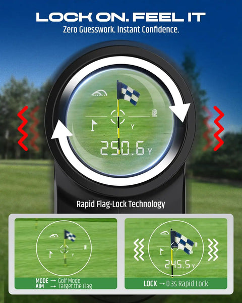 View through Golf Rangefinder With Slope And Magnetic Stripe displaying flag lock at 290.6 yards, showing rapid lock technology.