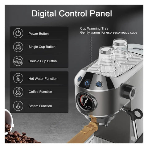 Digital control panel of Premium 20 Bar Semi Automatic Coffee Maker With Stainless Steel Frother Wand for morning espresso.